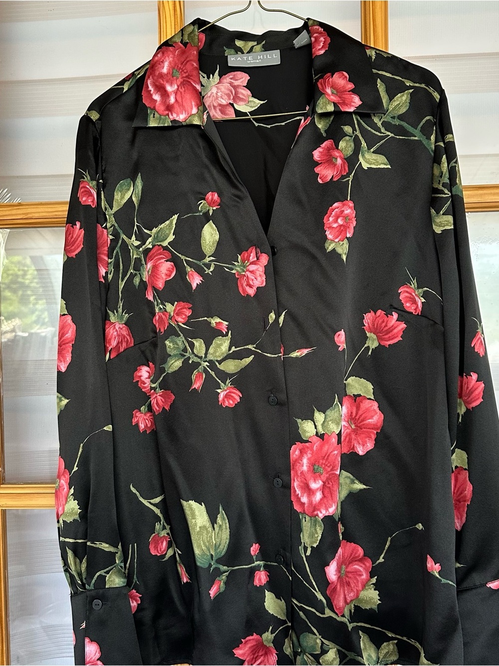 Kate Hill Black Blouse with Pink Rose Print